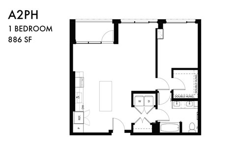 A floor plan of a one bedroom apartment.
